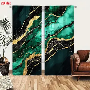 2D Flat Teal and Gold Abstract Swirl Black Fleck Marbled Curtain 2-Piece Set, Glossy Marble Texture Metallic Shimmer Wavy Line Window Drapes, Modern Elegant Dynamic Fluid Art Home Decor Curtains