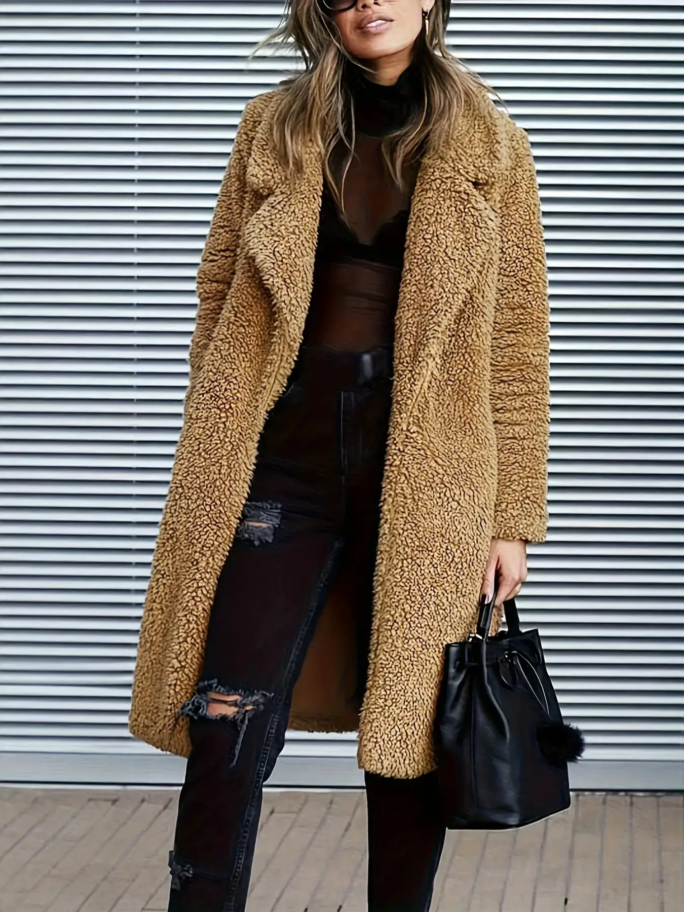 Women's Faux Fur Soft Fluffy Collared Lapel Open Front Long Sleeve Long Fitted Cardigan Coat, Warm Winter Casual Longline Outerwear Jacket, Fashionable Jacket, Stylish & Cozy Design for Cold Weather, Womenswear