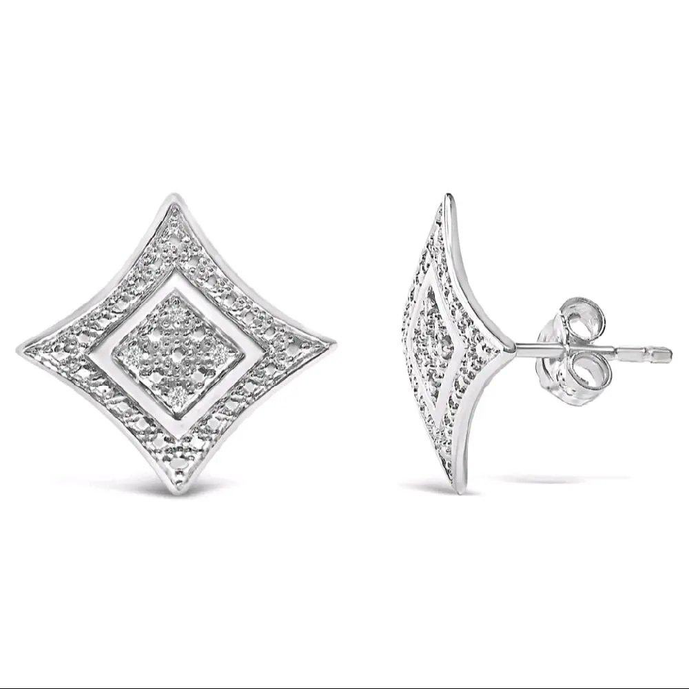 Silver Diamond Accented 4-Stone Four Pointed Star Shaped Halo-Style Stud Earrings (H-I Color, I2-I3 Clarity)
