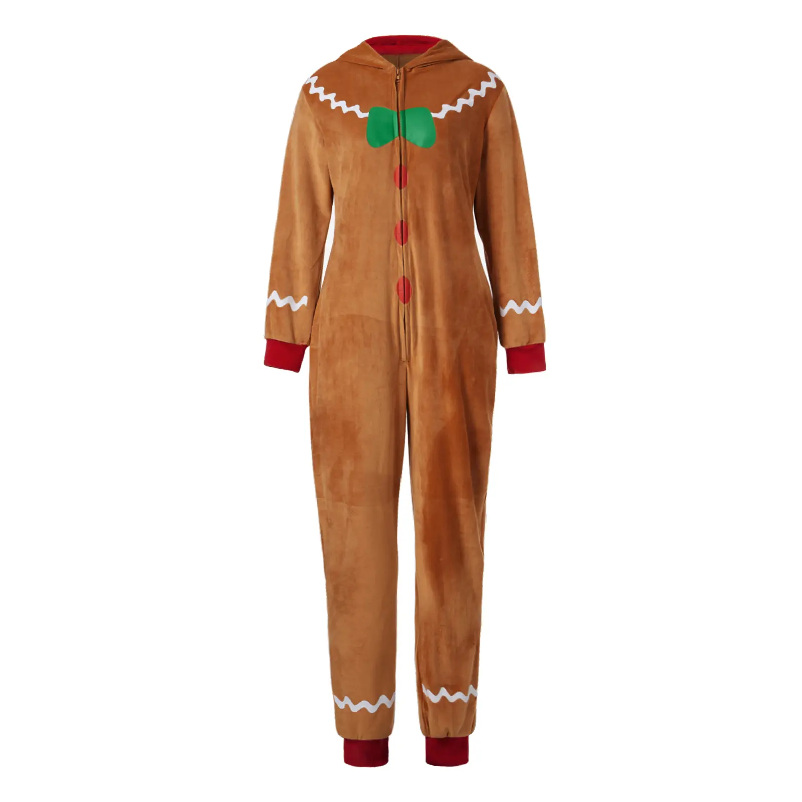 Adult Christmas Costume Gingerbread Long Sleeve Zipper Hooded Jumpsuit for Men Women Party Role-playing Cosplay