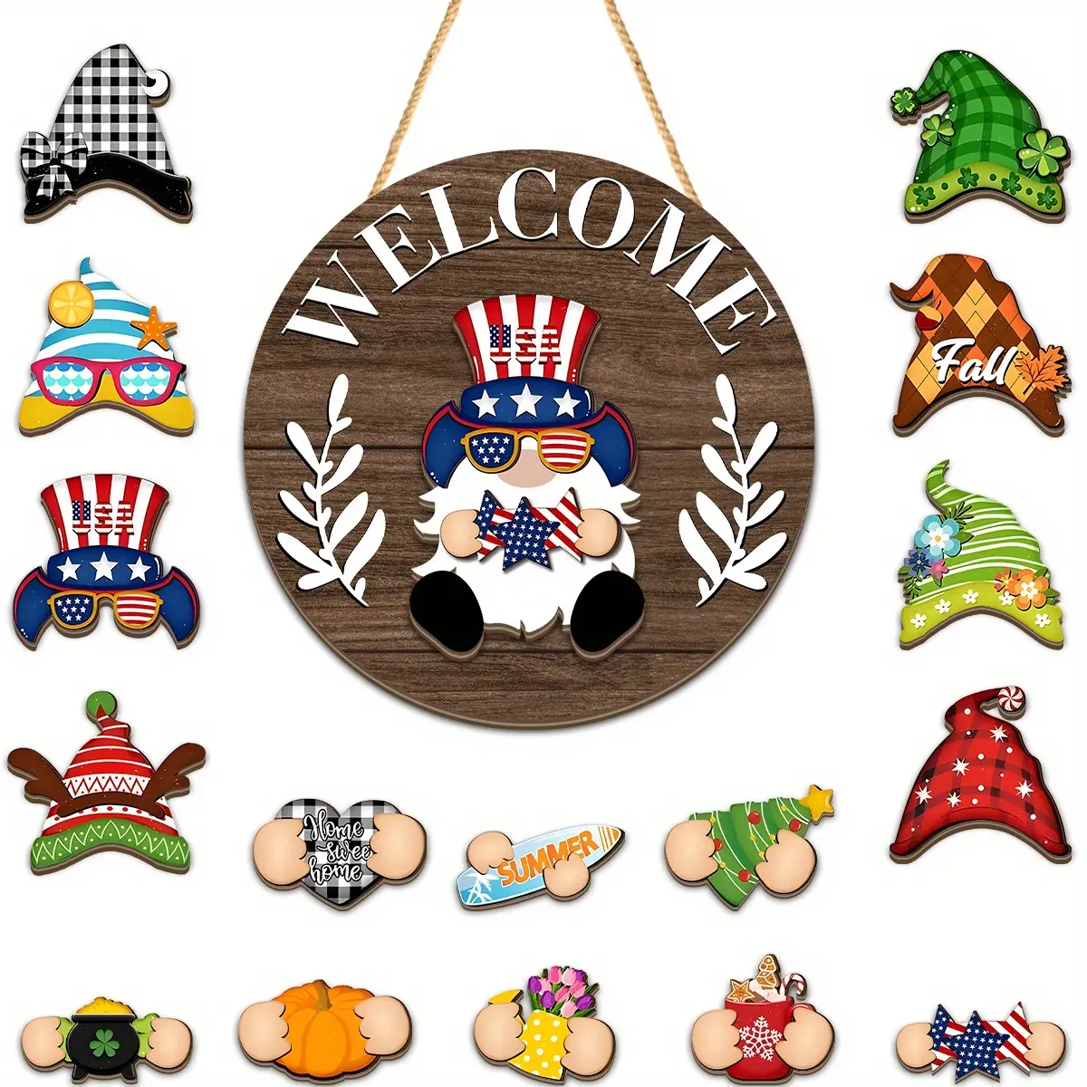 1 Set Gnome Wooden Decorative Plaque & Ornament Welcome Round Door Hanger Interchangeable Seasonal Decor Holiday Decor Festive Decoration Suitable for Homes, Offices & Cafes Decoration for Thanksgiving, Halloween & Christmas Party Decoration Supplies