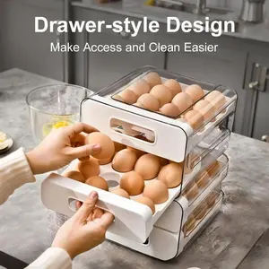 Double Drawer Egg Storage Box �C 32-Egg Capacity Stackable Fridge Organizer, Smooth Sliding Drawers, Durable & BPA-Free (Beige)