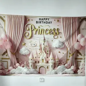 Princess Happy Birthday Background Cloth, 1 Count Colorful Polyester Fabric Backdrop, Party Decorations Banners, Wall Decoration for Home Party Wedding, Banners, Decorative Banner