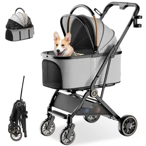 COMHOMA Foldable Pet Stroller with Weather Cover, 4 Wheels Pet Strolling Cart for Small/Medium Dogs and Cats with Storage Basket and Cup Holder, Breathable and Visible Mesh for All-Season
