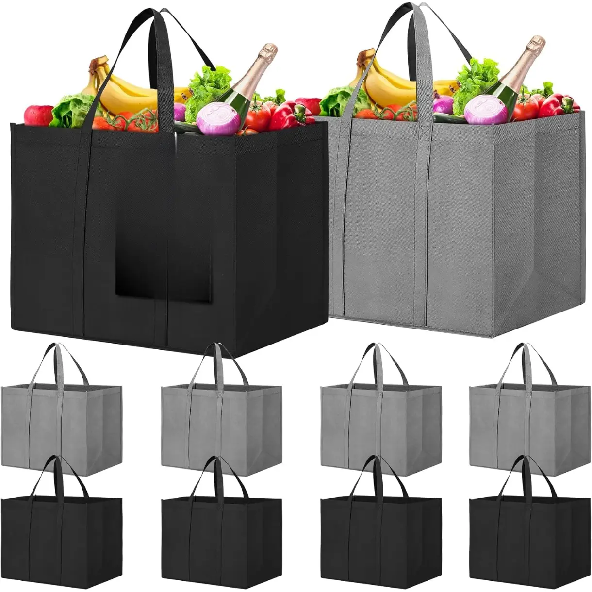 Reusable Grocery Shopping Bags 10 Pack Large Foldable Tote Bags Bulk, Eco Produce Bags with Long Handle for Shopping Groceries Clothes (Grey&Black)