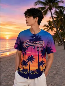Custom Sunset Baseball Jersey, Personalized Team Name Sports Shirt, Tropical Palm Button Up Jersey with Custom Name & Number