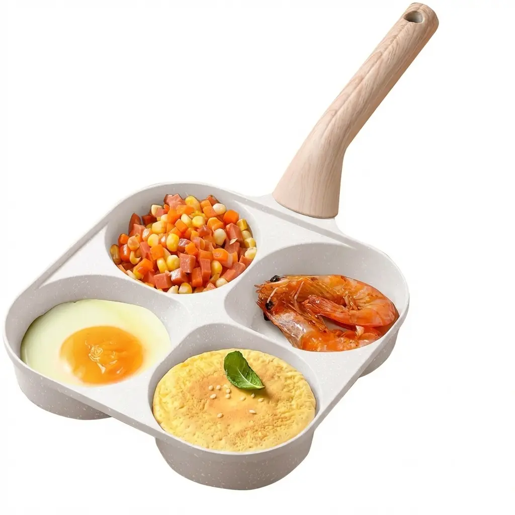 Non-Stick 4-Section Griddle Skillet with Ergonomic Handle, Easy-to-Clean Kitchen Cookware, Gas & Induction Stovetop Compatible, Ideal for Home Cook Eggs+Toast Frying