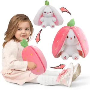 Bunny Stuffed Animal, Strawberry Reversible Cuddle Bunny Plush Doll with Zipper Cute Soft Rabbit Toys Pillow for Kids and Adults Easter Bunnies Plushies Gifts