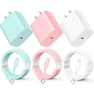 SANPRIO 3 Pack 20W PD USB C Wall Charger Block with 6FT Long Type C to Lighting Cable Compatible with iPhone 14/13/12 Pro Max/11/XS/XR/X/8/Plus Cellphone Smartphone Charging Electronic White Pink Lightgreen