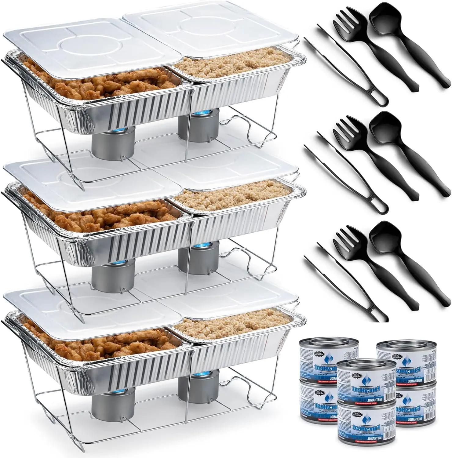 Disposable Chafing Dish Buffet Set with 3 Trays 6 Pans 6 Covers 3 Tongs 3 Spoons 3 Forks and 6 Heat Cans for Easy Serving Party Supplies Aluminium