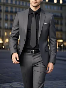 2pcs Men'S Slim Fit Black Suit Set, Exquisite Suits - Long Sleeve, Polyester Blazer & Dress Pants with Pockets - Lapel Collar, Button Detail, All-Season Formal Wear for Weddings, Work, Business Meetings, Sophisticated Style, Tailored Fit