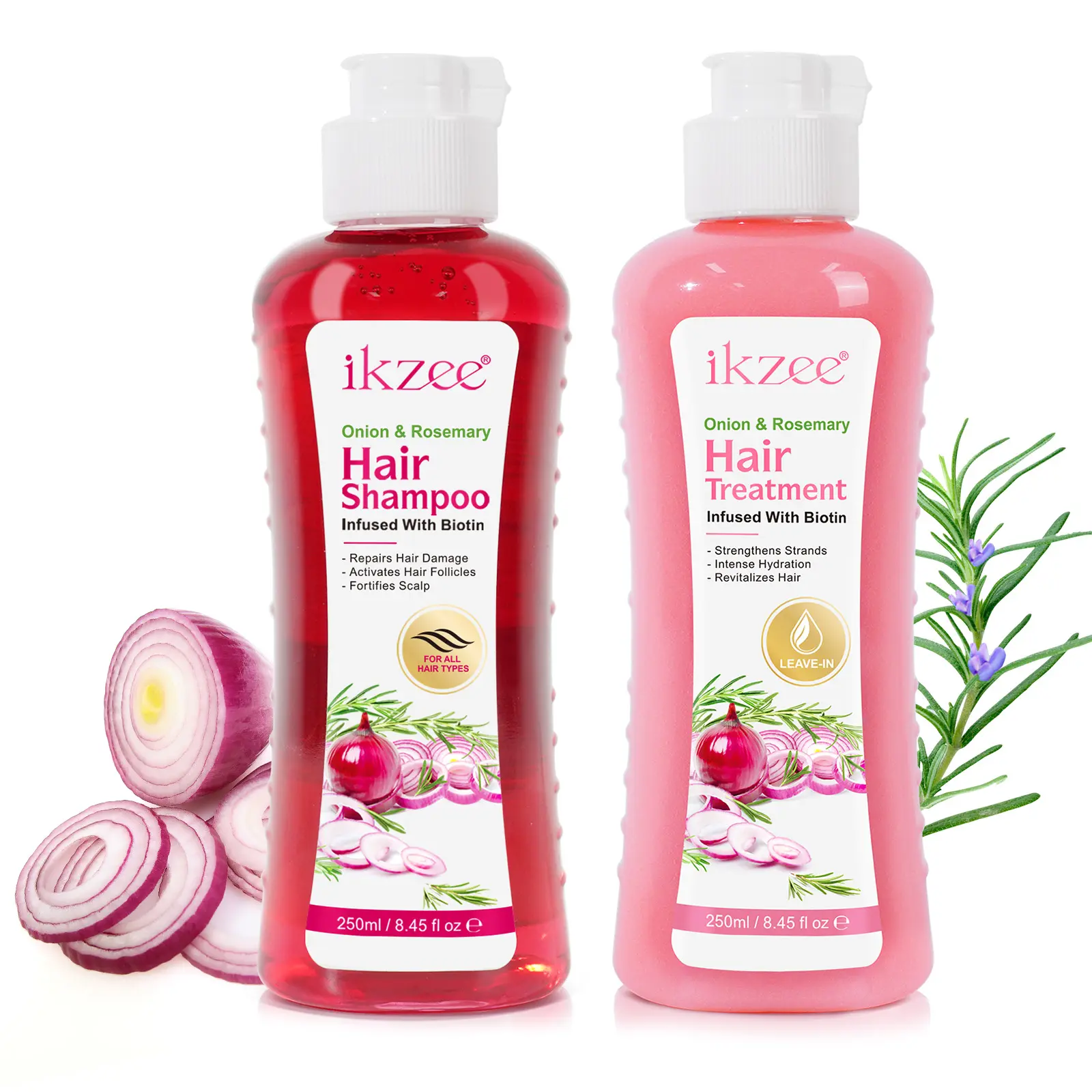 Ikzee Onion Biotin Rosemary Hydrating Biotin Infused Shampoo 250ML + Conditioner 250ML, Nourishing Hair Care, Strengthening & Shine, Fresh Herbal Scent, Haircare