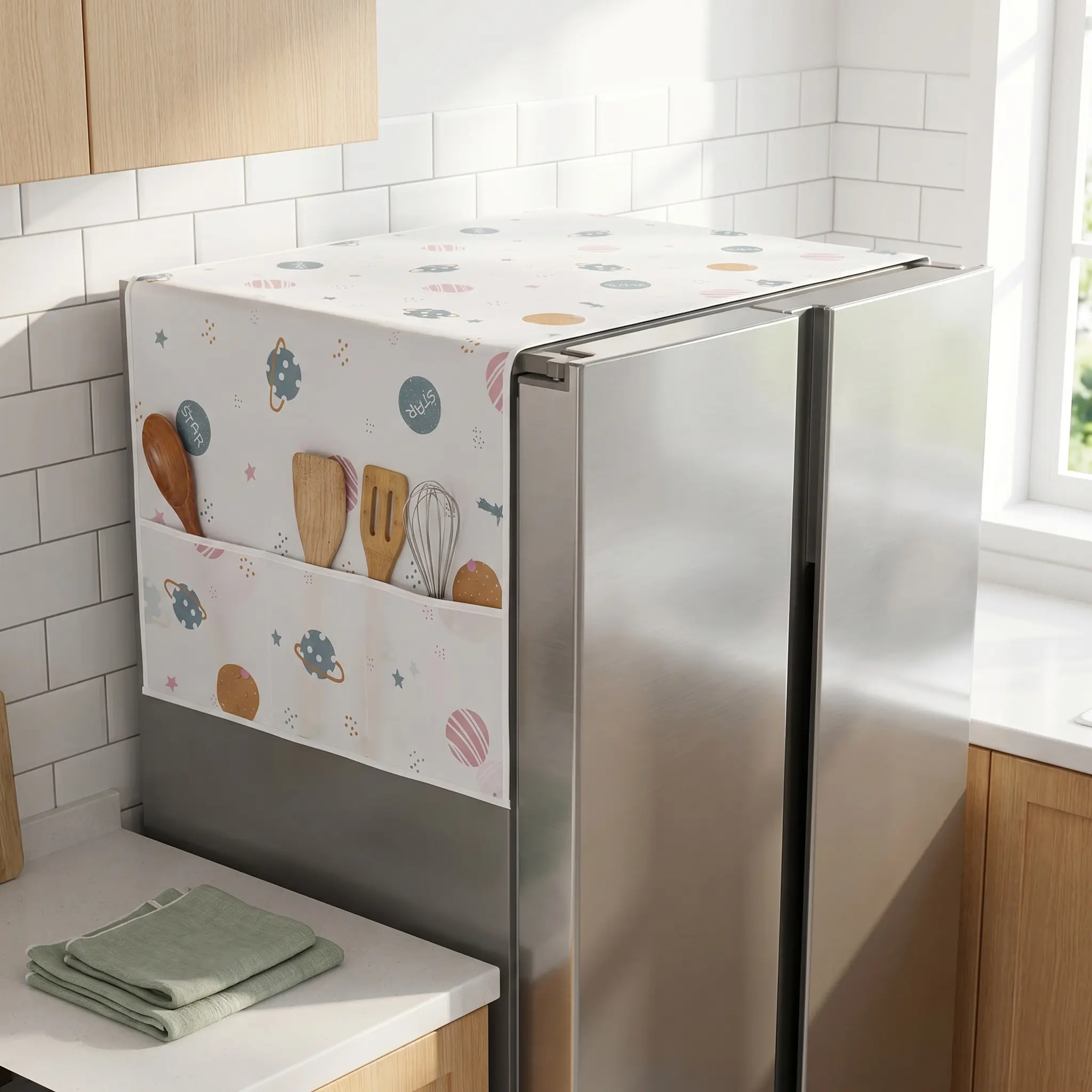 Random Print Refrigerator Dust Cover with Storage Pockets Multi-Functional Waterproof Fridge Top Protector Household Kitchen Appliance Dust Proof Cover 1 Pack-MM1
