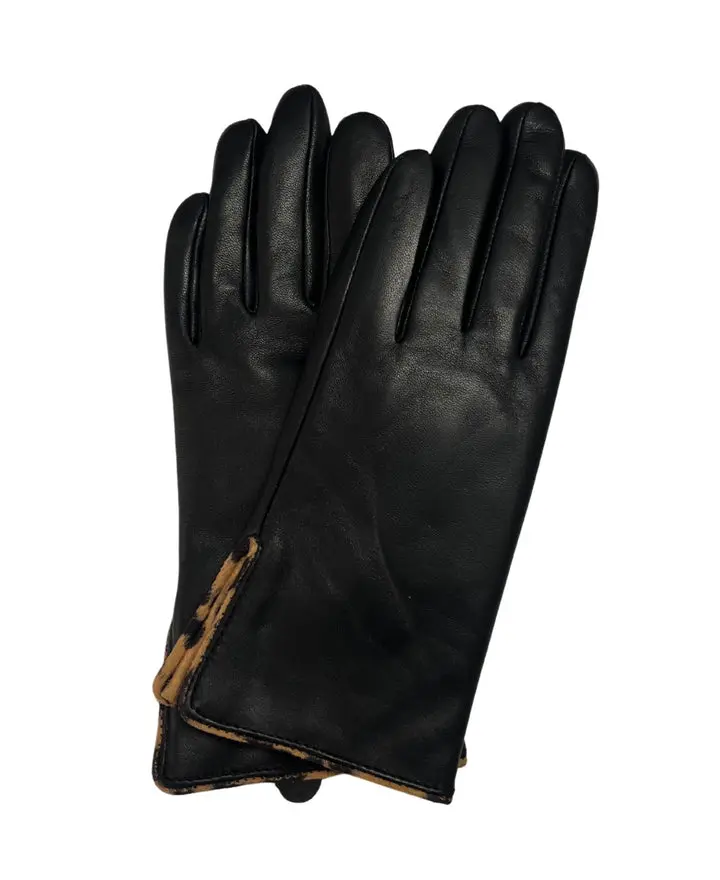 Women's 100% Genuine Leather Fashion Gloves, Black Animal Print Leopard-Detailed Accessories, 100% Leather Women's Gloves, Animal Print Women's Gloves