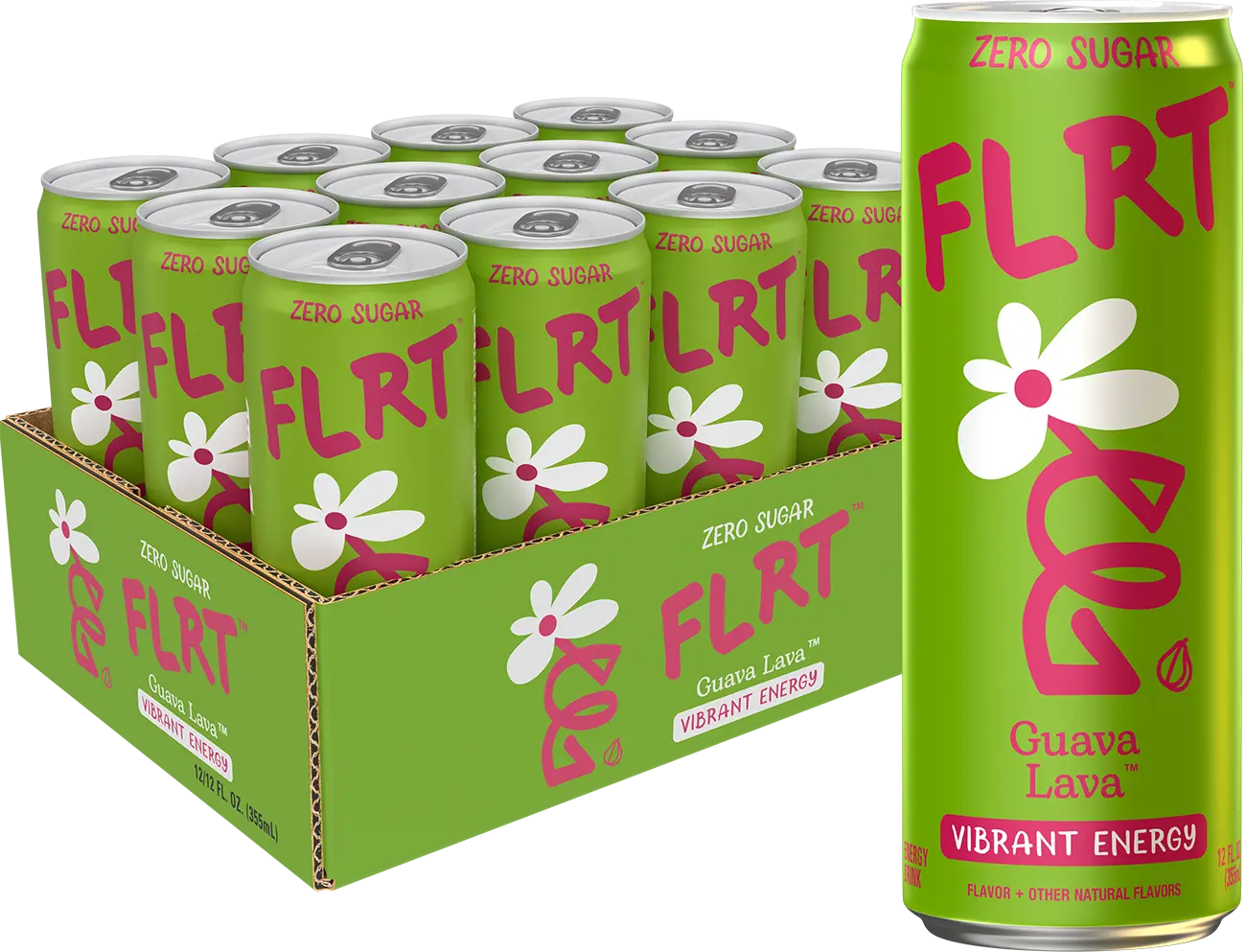 FLRT Energy Guava Lava - Clean Caffeine, Sugar-Free Canned/Bottled Cold Energy Drinks, 12 Fl Oz (Pack of 12), Sugar Free Energy Drinks, Beverage, Canned Cold Energy Drinks