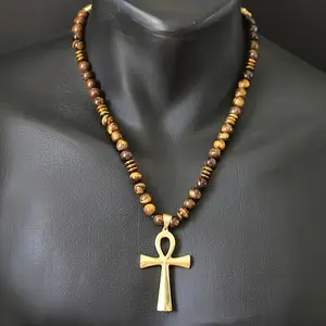 Ankh Cross Adjustable Necklace with Natural Black Onyx Gemstone, Long Macrame Design, Gift for Him, Her, & Mom