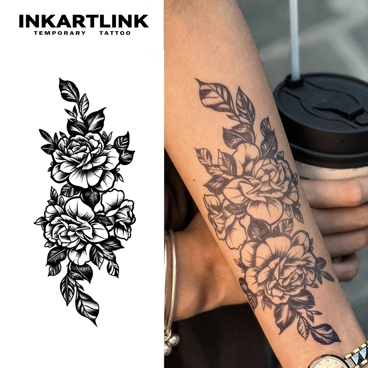 INKARTLINK Semi-Permanent Tattoos, 2 Sheets of Fake Tattoos with Roses Design, Lasts 1-2 Weeks, Waterproof & Realistic Look for Men and Women, Sticker Tattoos