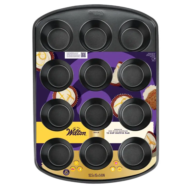 Wilton 6089613 Non-Stick Gold Muffin Pan - 15x11 in Black Bakeware Baking Tin & Mold, Non Stick Pan