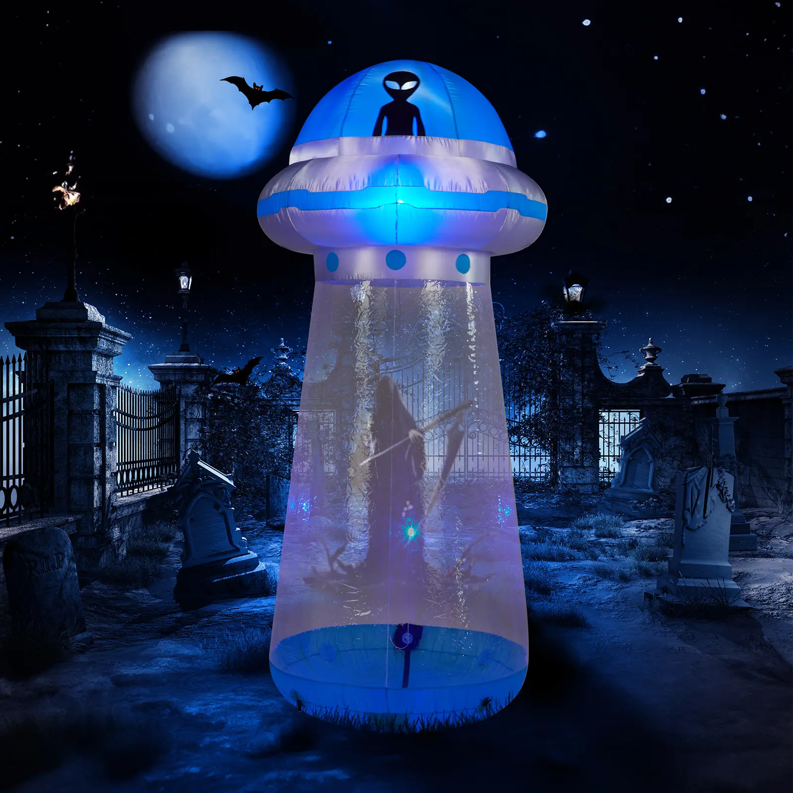 (High end and high-quality)8.8 FT Halloween Inflatable UFO Yard Decoration, Fun Tall Blow up Yard Decor with Built-in LED Lights and Stand Inside Design for Holiday Party Yard Lawn Garden Decor Indoor Outdoor Plastic Set
