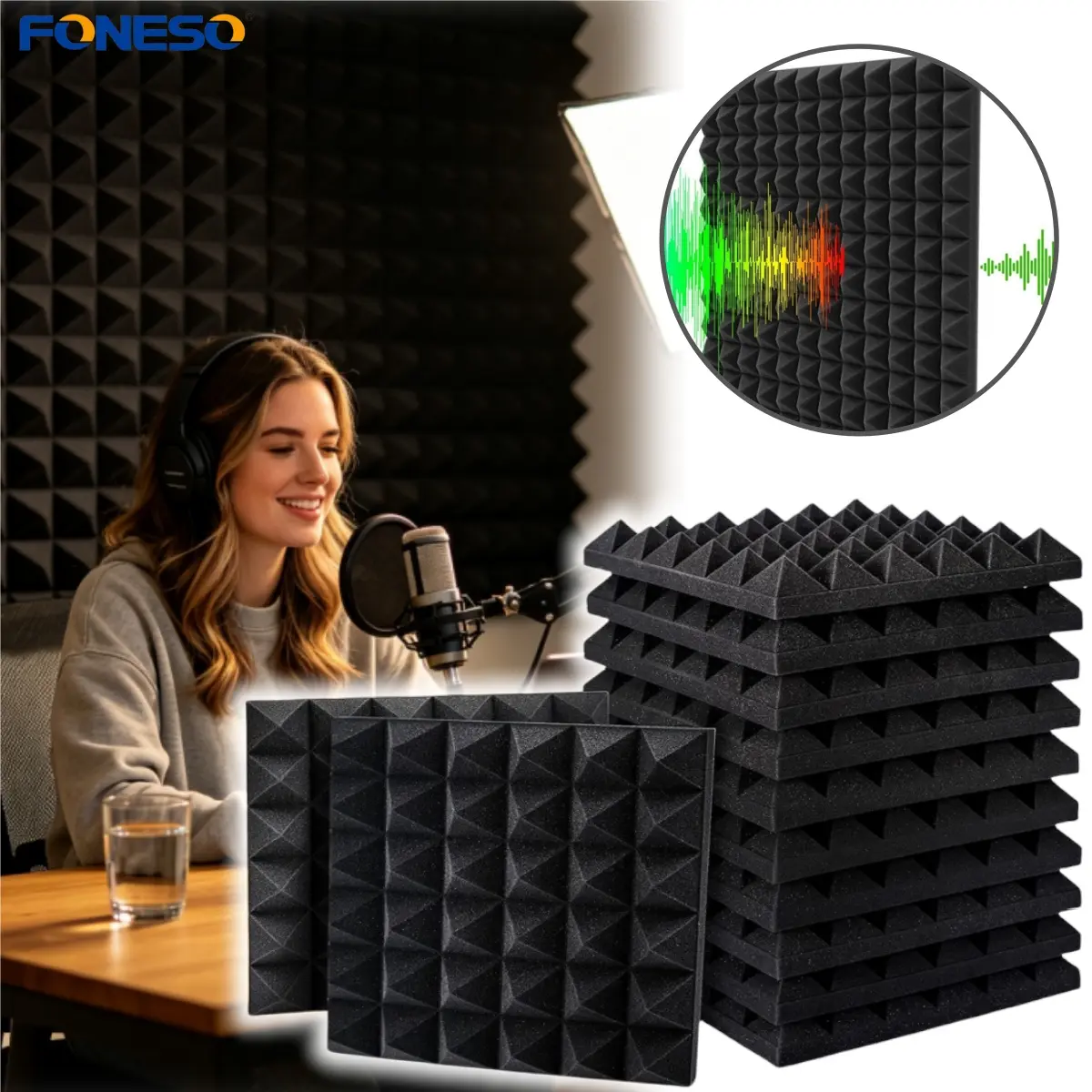 12/24/48pcs 2" Thickening Acoustic Wall Panel Tiles Studio Music Sound Proofing Insulation Foam Pads Set , High Density Noise Absorbing Soundproofing Foam For Reading Room Meeting Room Study Library Club Cinema