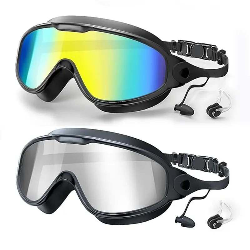 Swimming Goggles with Earplugs & Nose Clip, 2pcs Adjustable Anti Fog Swimming Goggles, Professional Swimming Accessories for Women & Men, Swim Glasses, Pool Goggles, Water Goggles