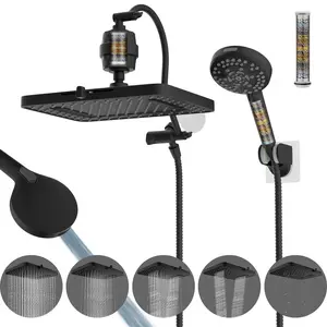 Hibbent Upgraded 5-spray 13'' Dual Filtered Rainfall Shower Head Combo, High Pressure 10-setting Handheld Shower Head 20 Stage Shower Filter,71'' Hose