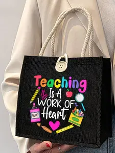 Teacher Tote Bag with Printed Design, Reusable Makeup Pouch & Double Handle, Ideal for Commuting, School, Shopping, Gift for Mom, Commuter Tote Bag, Stylish Tote Bag