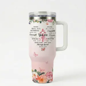 Christian Gifts for Women: 40oz Floral Cross Tumbler with Handle, Religious Pink Heart Insulated Water Bottle, Mother's Day Spiritual Gift for Mom Grandma