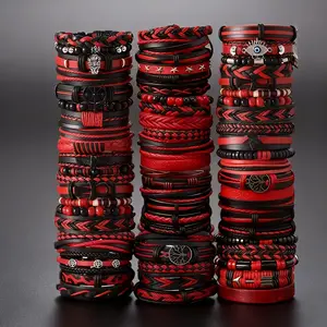 12/24pcs Mixed Gothic Black And Rred Faux Leather Bracelet Set - Adjustable Woven Cuffs, Unisex Vintage Fashion Accessories, Versatile Daily Wear, Ideal Gift For Family And Friends, A Must-have Item For Trendy Gothic Style, For Teenager