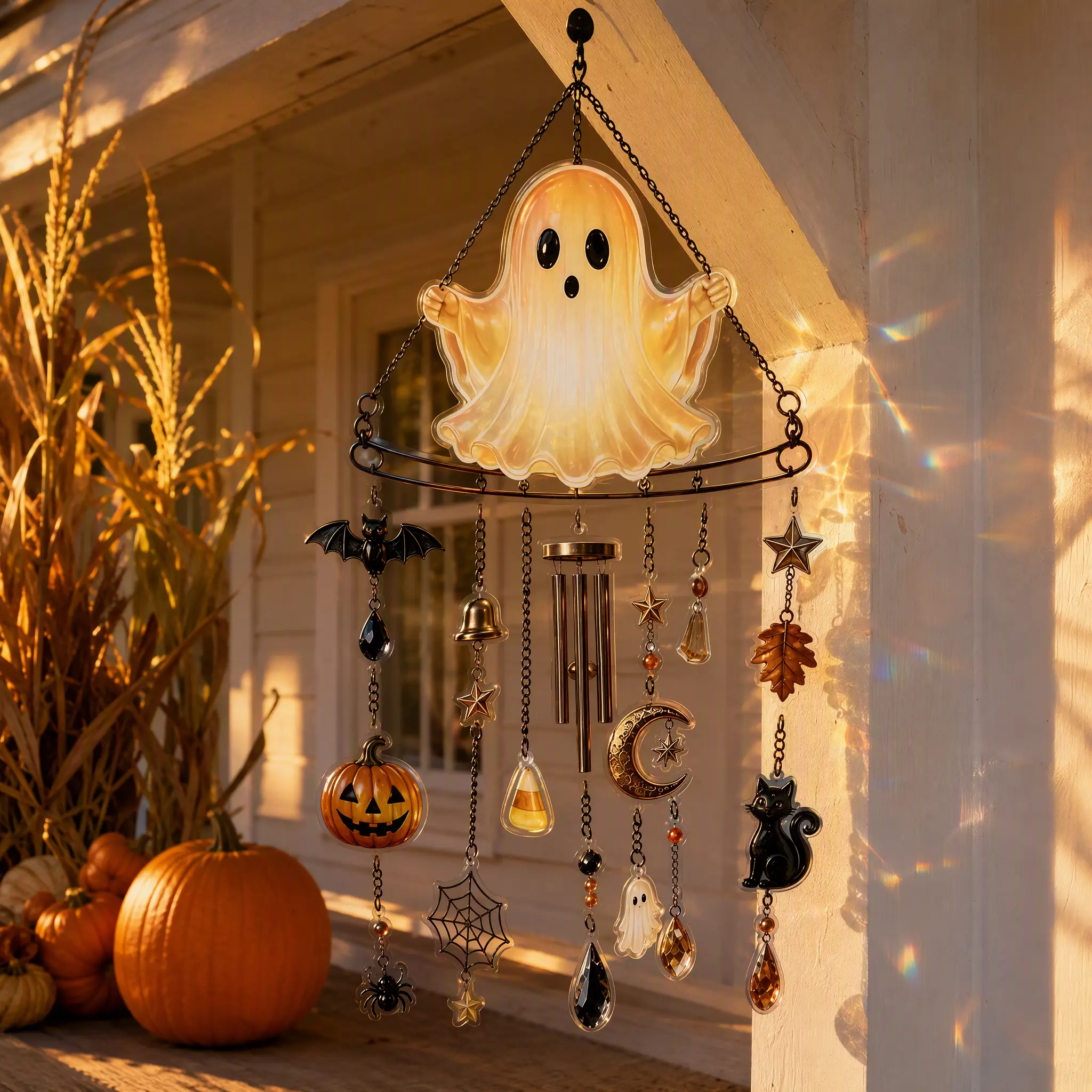 【SummerWins】Halloween Lighted Ghost Wind Chime, LED Illuminated Hanging Decor with Aluminum Tubes, Pumpkin Bat Cat Spider Charms, Crystal Drop, Battery-Operated Spooky Ornament for Patio Garden Party