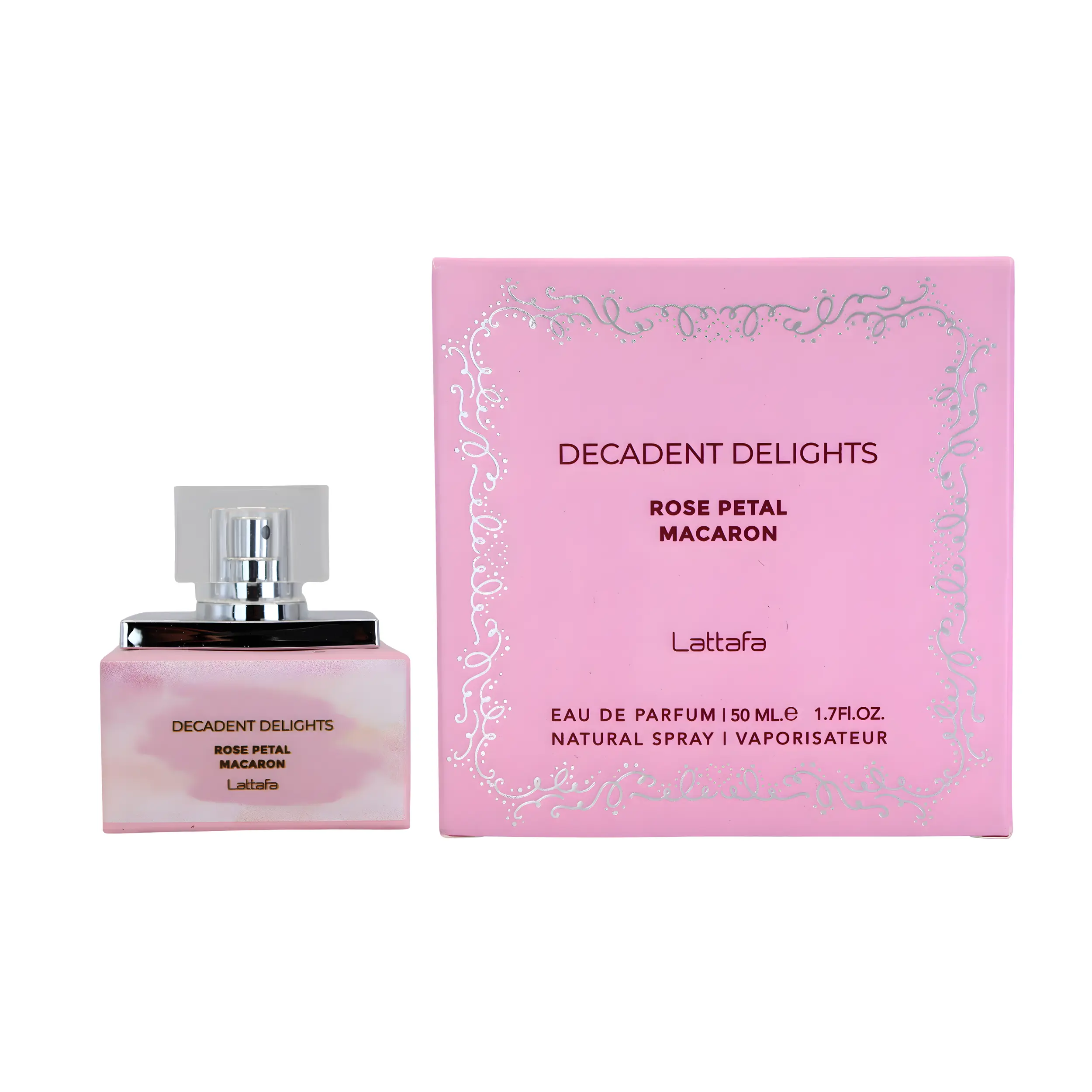 Lattafa Decadent Delights Macaron Rose Petal EDP Liquid Perfume - 50ML (1.7 fl oz) Soft Gourmand Adults' Fragrance with Vanilla, Buttery Pastry, Fresh Rose Bloom Notes, Long-Lasting Aroma Fragrance, Single Item, Aromatic Sweet Scent