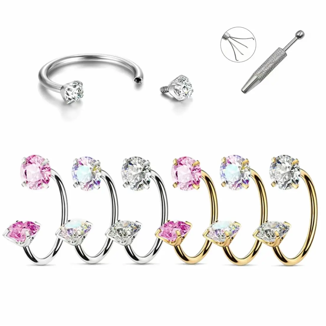 6mm/7mm 18G Titanium Gem Horseshoe Nose Ring with Free Ball Holder Tool Single hoop septum Piercings Available in Various Gem Color G23 Earring aurora Nose Ring Jewelry