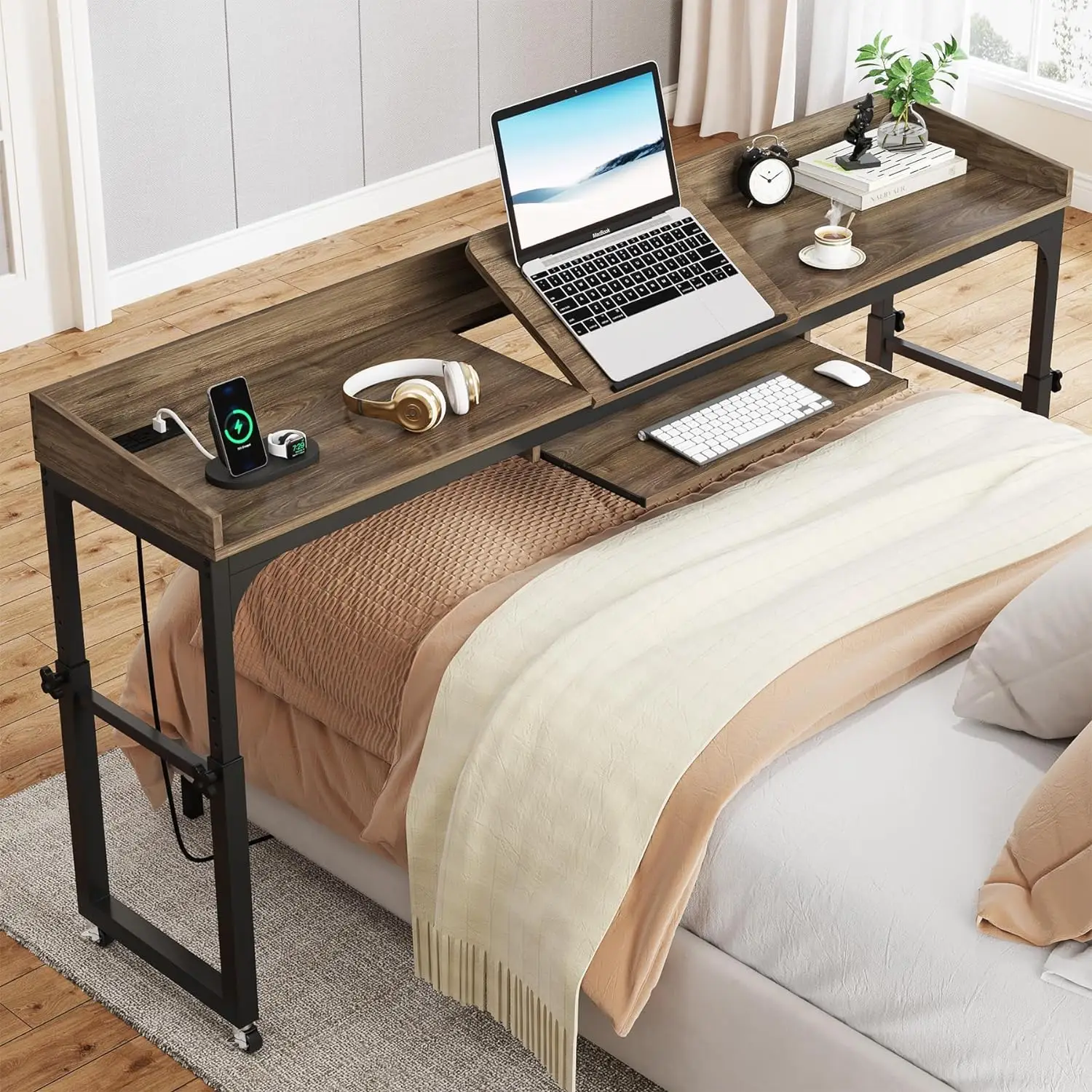 Tribesigns Height Adjustable Overbed Table with Wheels, Queen Size Mobile Over Bed Desk with Adjustable Tilt Stand, Outlets & USB Ports for Home and H