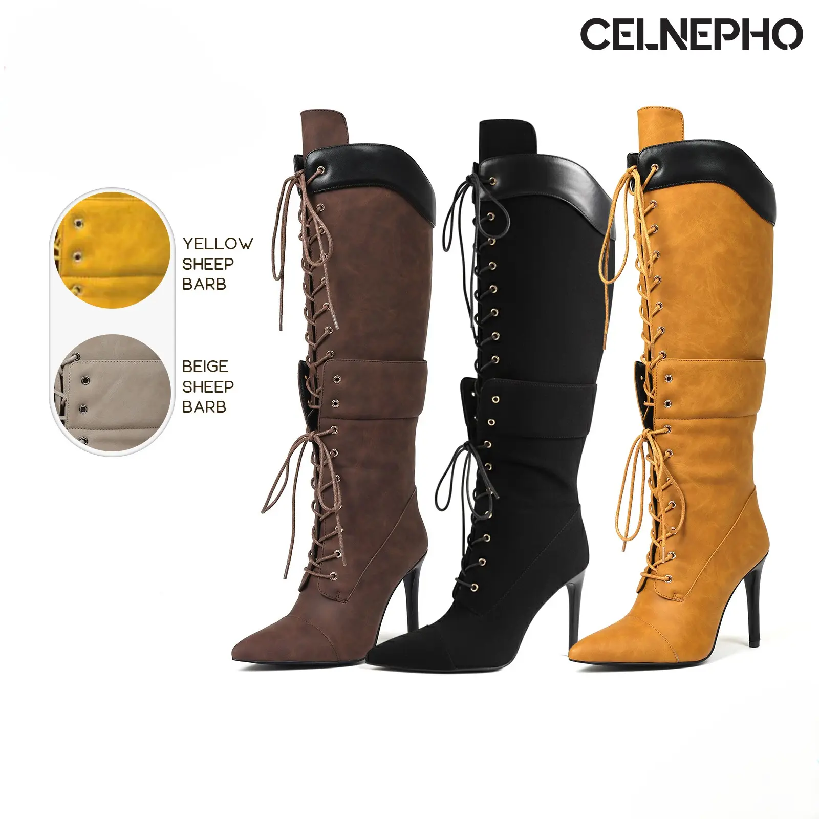 CELNEPHO Womens Knee High Boots Fashion Boot Pointed Toe Stiletto High Heels Lace up Design Punk Comfy Easy Pull on Concert Festival Cosplay Knight Gift Goth Party Work Casual Wear Nightclub Outdoor Event Summer Trendy Statement Long Tall Dressy Shoes