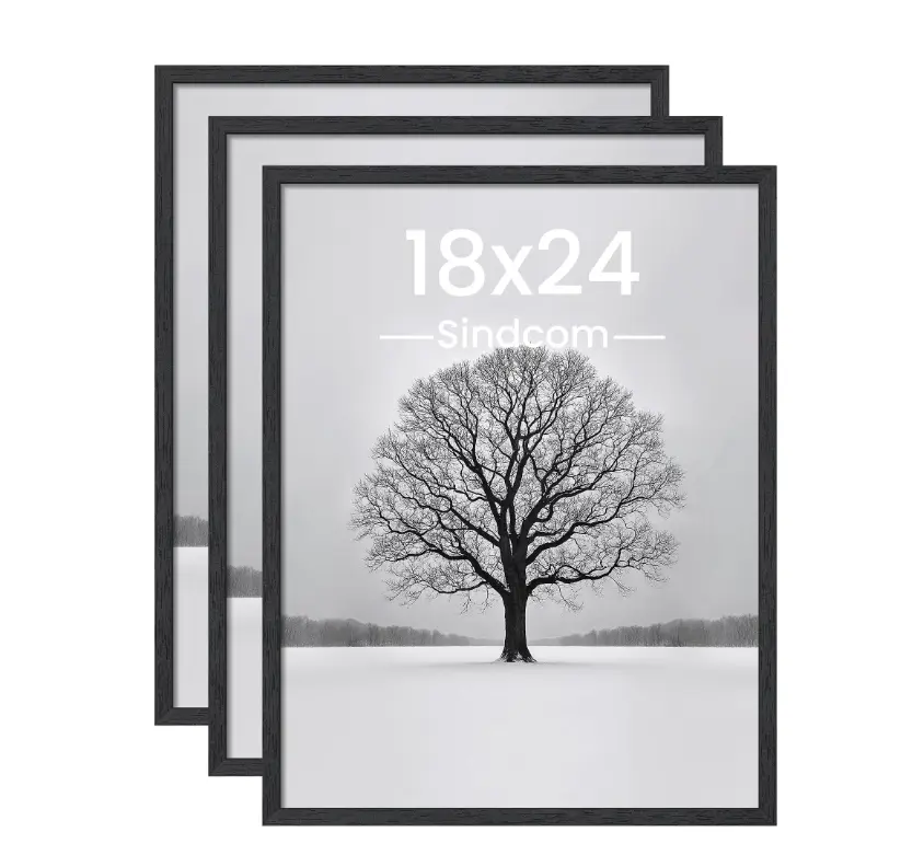 Minimalist 18x24 Black Wooden MDF Picture Frames Set of 3, Wall Gallery Poster Frames with Shatter-Resistant Cover, Horizontal-Vertical Display for Landscape Artwork, Photos & Home Decoration, Hanging
