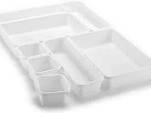 8-Piece Interlocking Drawer Organizer Bins – Customizable Plastic Storage Trays for Desk, Kitchen, Toolbox & Garage, Multi-Size Drawer Dividers for Clean Organization, White