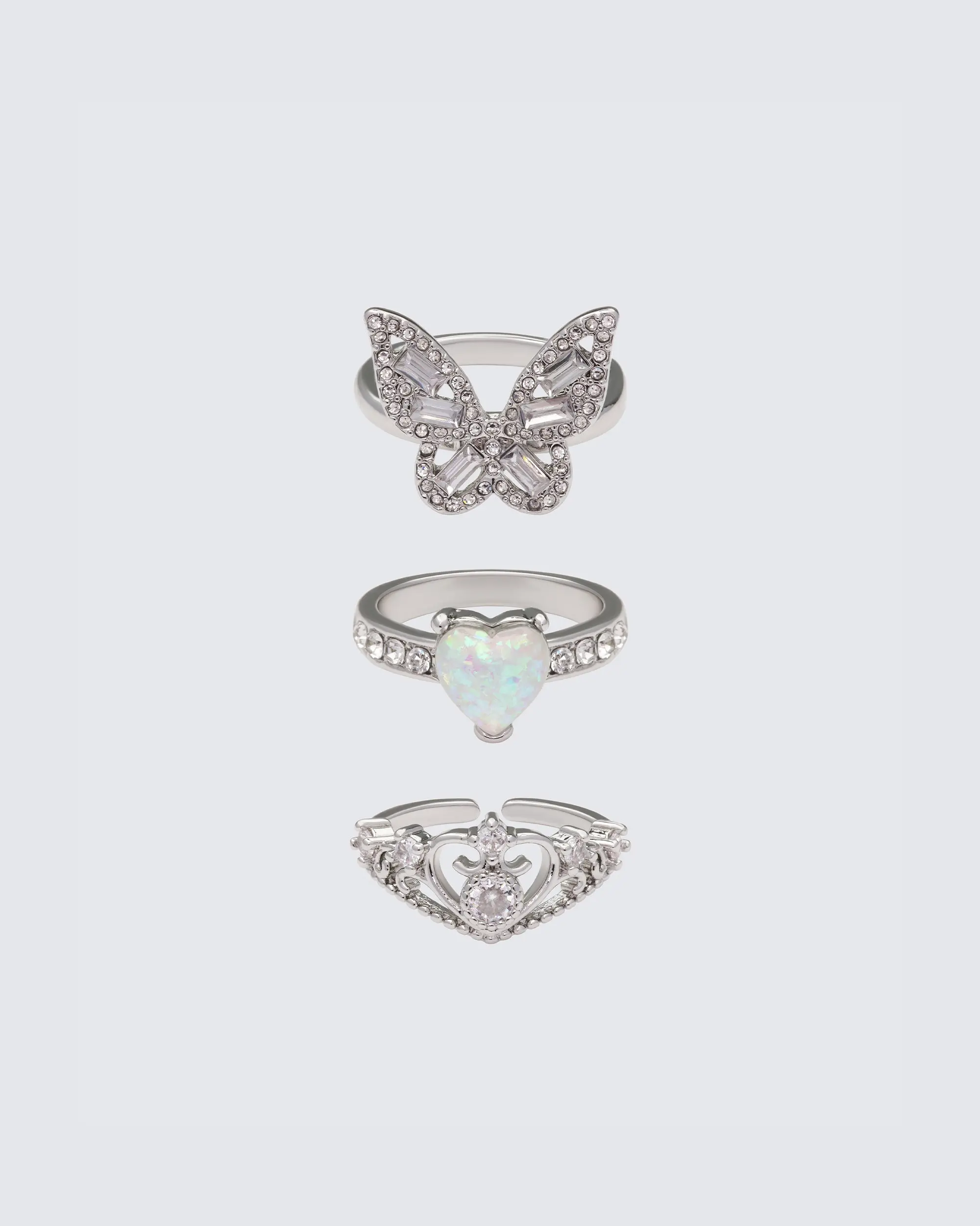 Kalinda Silver Princess Stackable Ring Set, Butterfly Design Cubic Rings, Cute-Elegant Style Costume Jewelry for Women