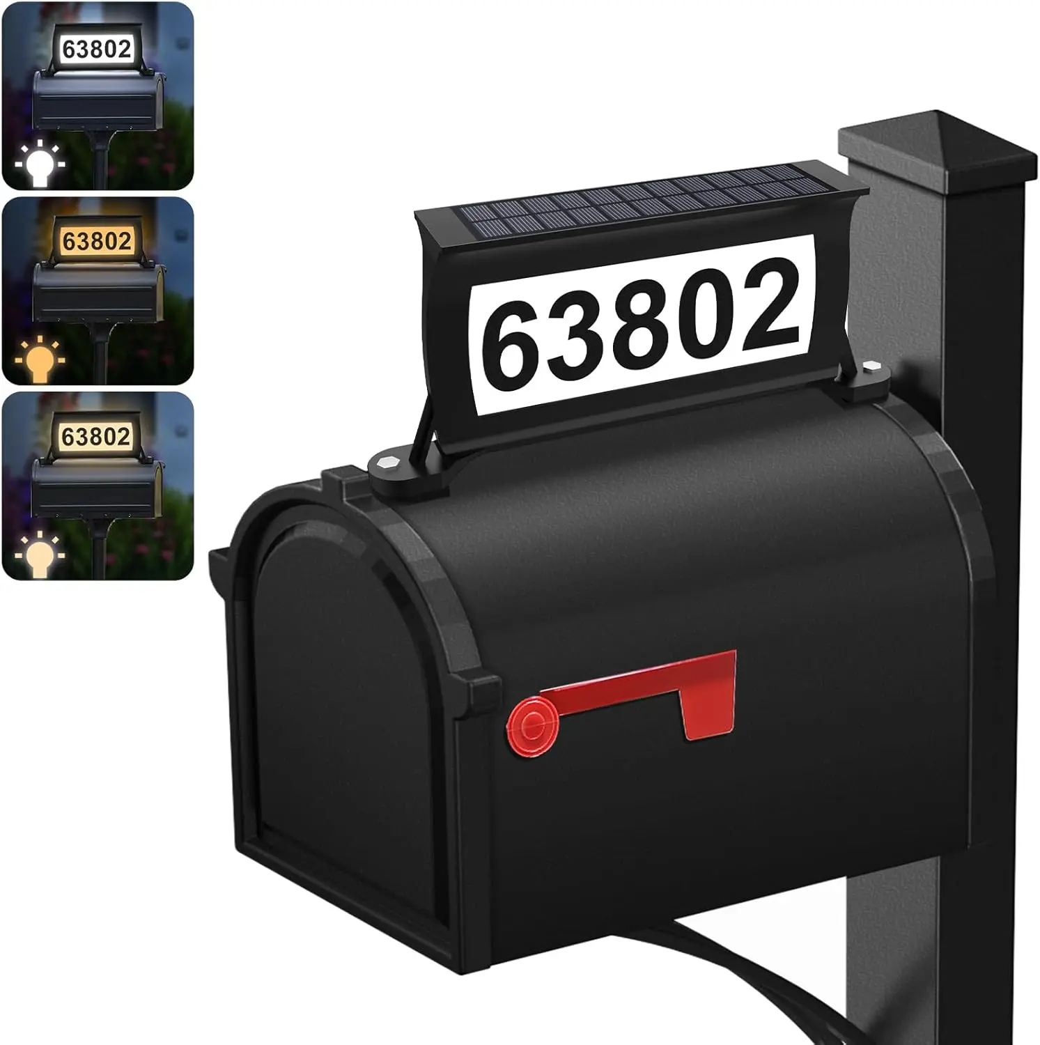 Solar Address Sign, 3 Colors-in-1  Mailbox Number Plaque for Outside, Double-Sided Light-Emitting Mailbox Topper, House Numbers for Outside (No-drilling Option )