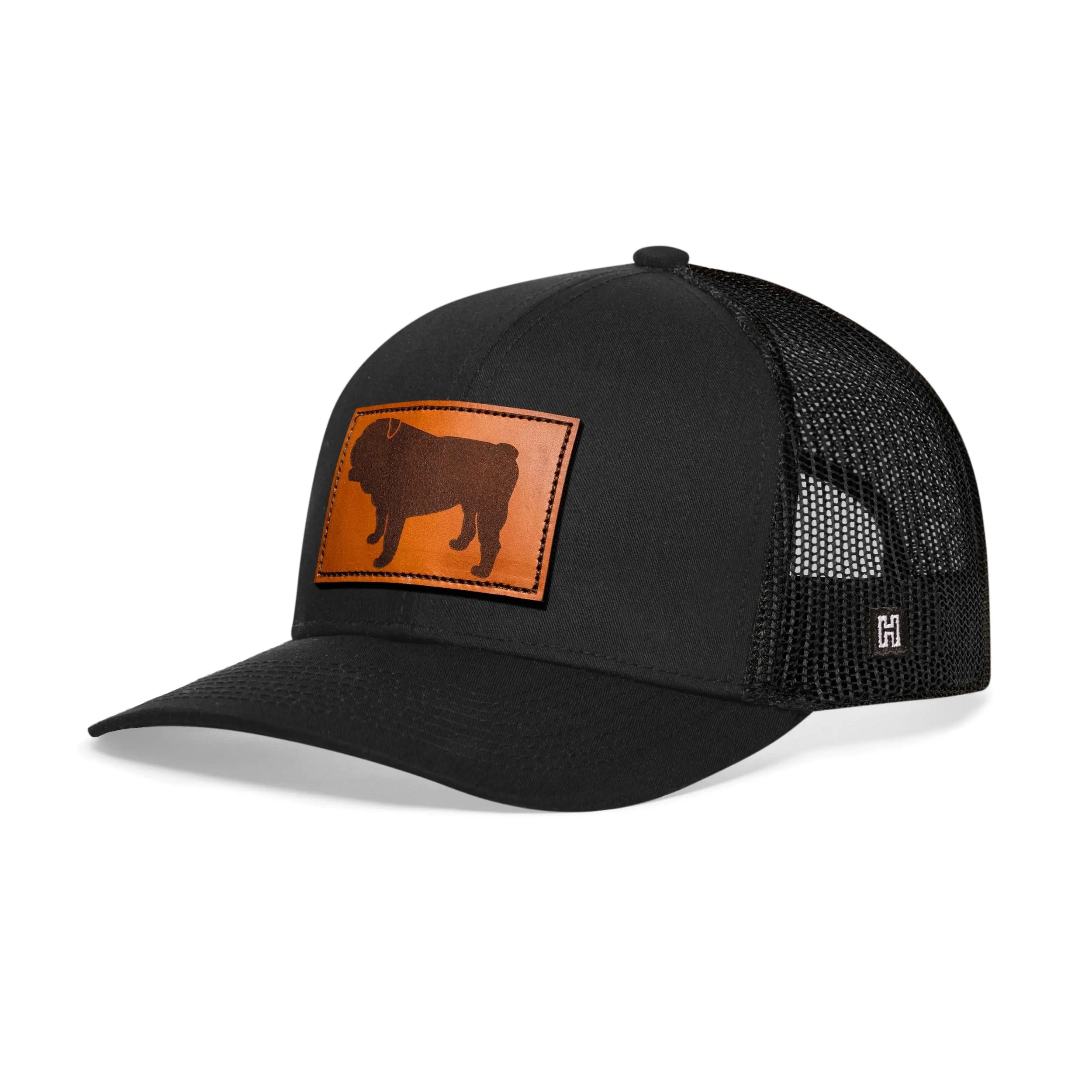English Bulldog Trucker Hat Leather  |  Black Dog Snapback