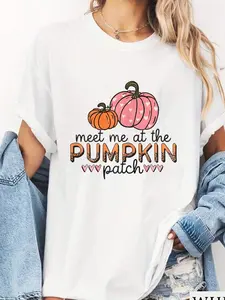 100% pure cotton Meet Me At The Pumpkin Patch Women Autumn Teen Girls Fall T-Shirt Shirt For  Women printed t-shirts for women