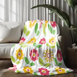 2PCS Vibrant Pink Yellow Flower Throw Blanket, Delicate Watercolor Flower Design, Cozy Flannel Blanket for Couch, Bed, and Home Decor