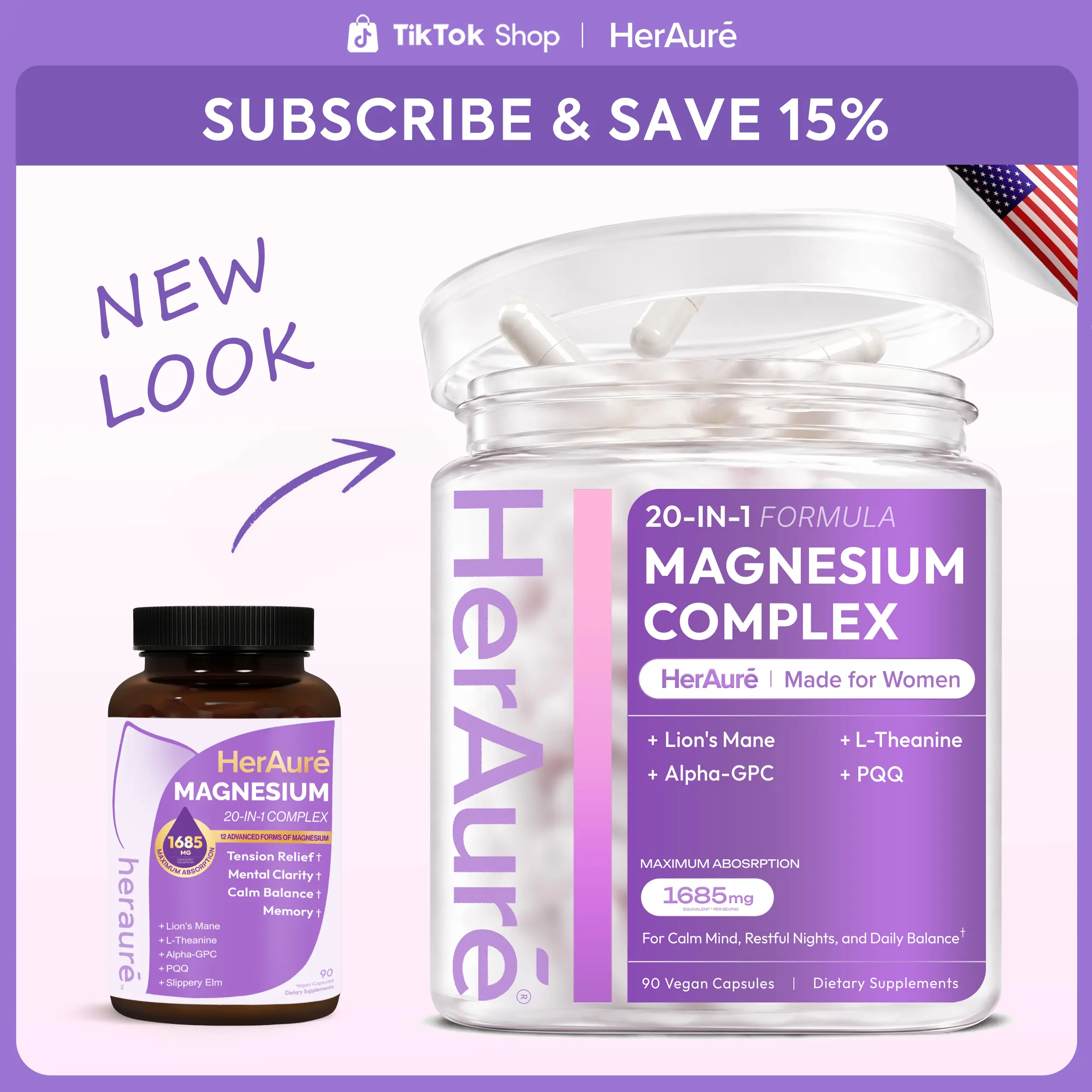 HerAure 20-in-1 Magnesium Complex 1685mg - BrainFog Relief, Reduce Overthinking & Calm Mind, StressRelief & Sleep Comfort, Digestion, Muscle & EnergySupport, 12 Forms of Magnesium, B6, Zinc & SlipperyElm, beach essentials,  #backtoschool，B
