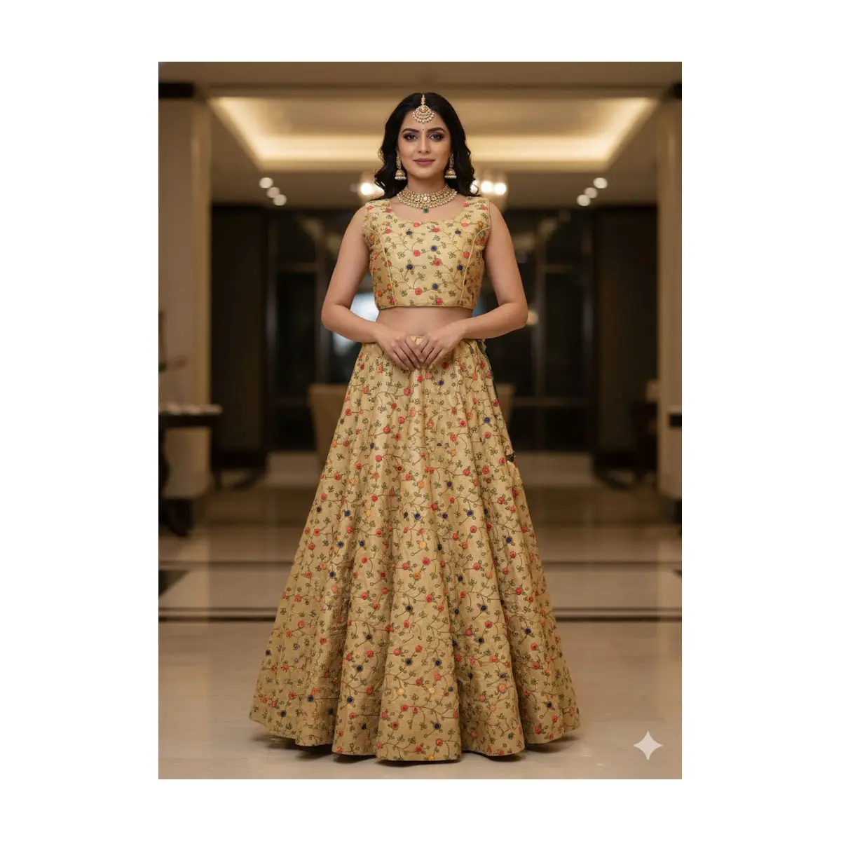 K30 Stunning Gold Lehenga Choli (Sleeve attached) Set with Multi-Color Embroidery