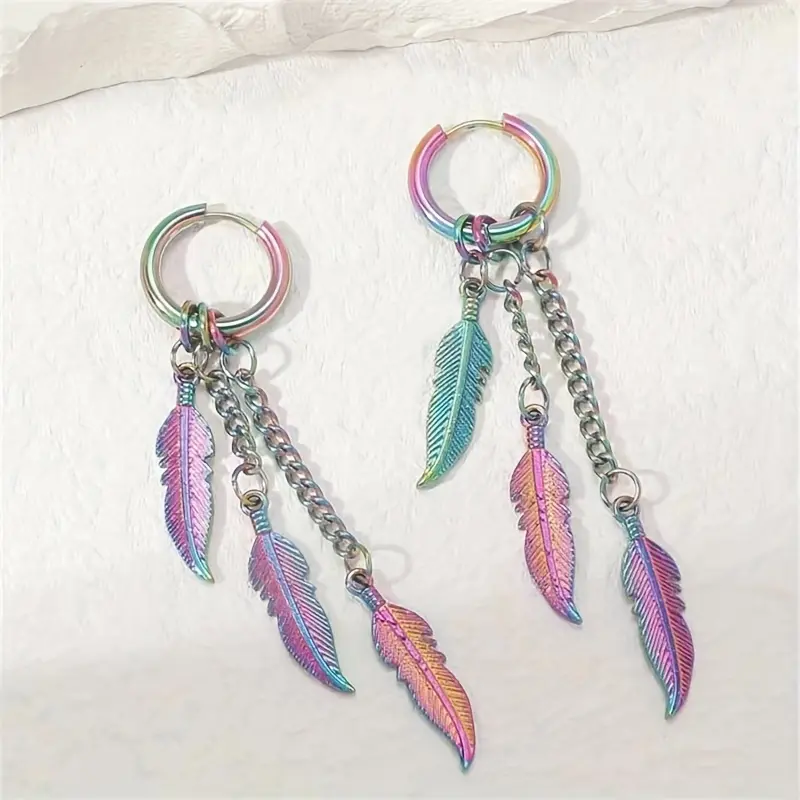 Punk Rocker Colorful Gradient Feather Drop Earrings for Adults, 18-Karat Gold-Plated Stainless Steel with Dangling Chain, Unisex Valentine's Day Gift, Valentines Day, 304 Stainless Steel, Daily, Chain Pendant, Dangle, Golden, Metal Coating