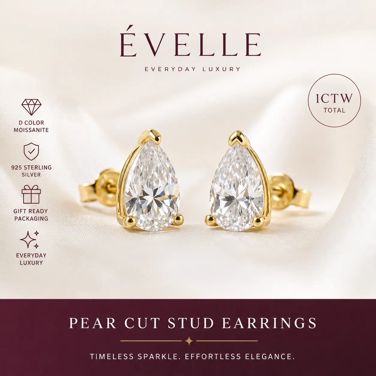 Évelle Pear Cut Stud Earrings, 8a Premium Cubic Zirconia Dainty Earrings, Silver & Gold Plated Jewelry for Women, Birthday Gift Option