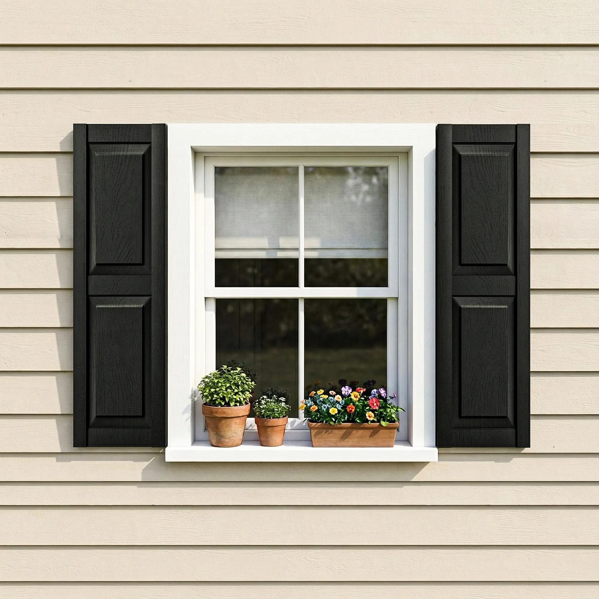 Deep Blue Woodgrain Vinyl Raised Panel Window Shutters (Pair Pack), Standard Size Modern Window Décor Hardware, UV-Coated Paintable Weather-Resistant, Easy DIY Assembly with Shutter-Lok's & Matching Screws