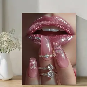 1 Piece Charming Pink Lips and Diamond Ring, Modern Abstract Design Canvas Painting - Modern Wall Decoration with Cushion Texture, Wooden Frame Canvas Print, Suitable for Living Room, Office, Valentine's Day - Home Decoration Gift, Artistic
