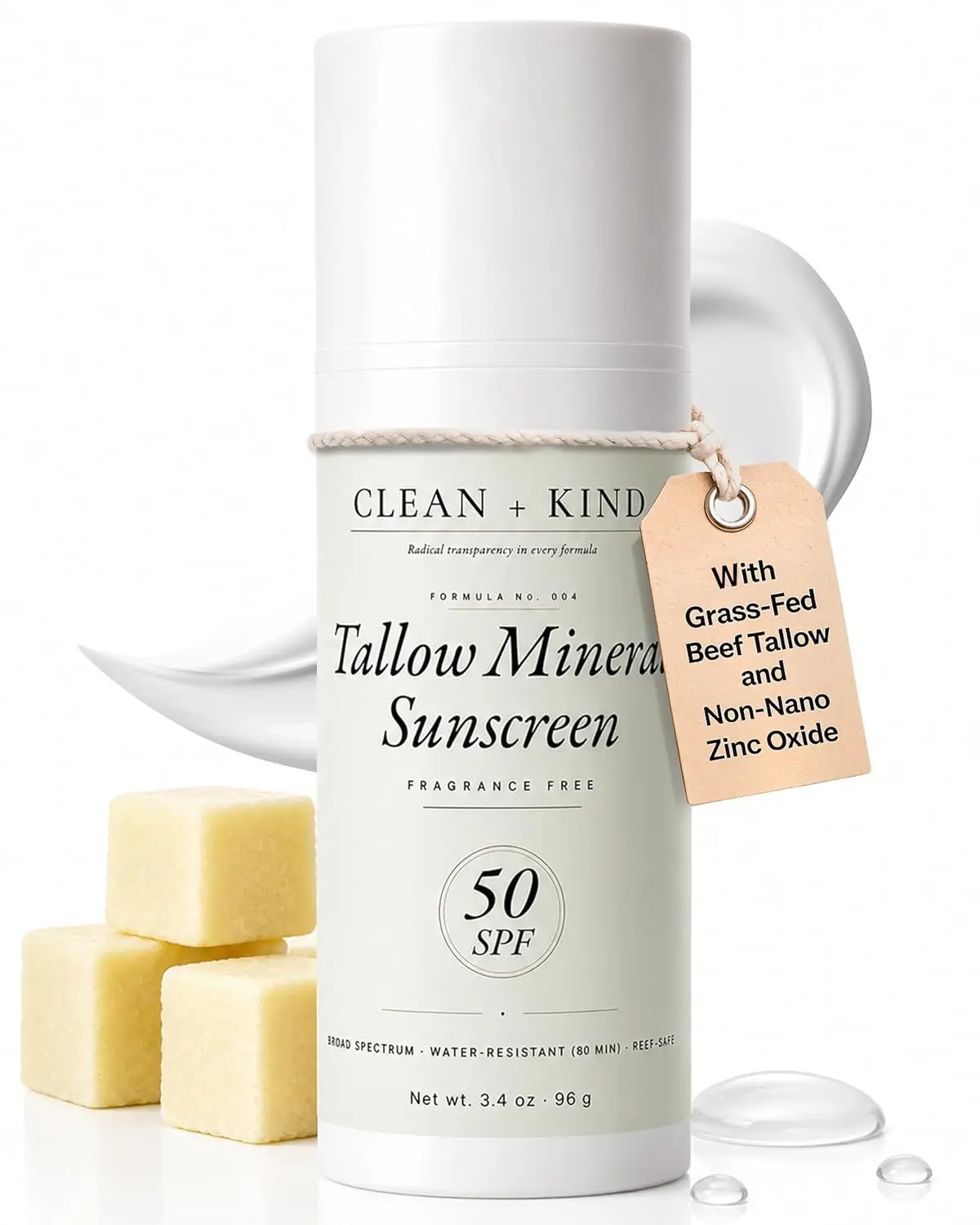 Clean + Kind Tallow Mineral Sunscreen - Lightweight Clean Sun Protection - Non-Nano Zinc Oxide & Raspberry Oil - Reef Safe Organic Daily