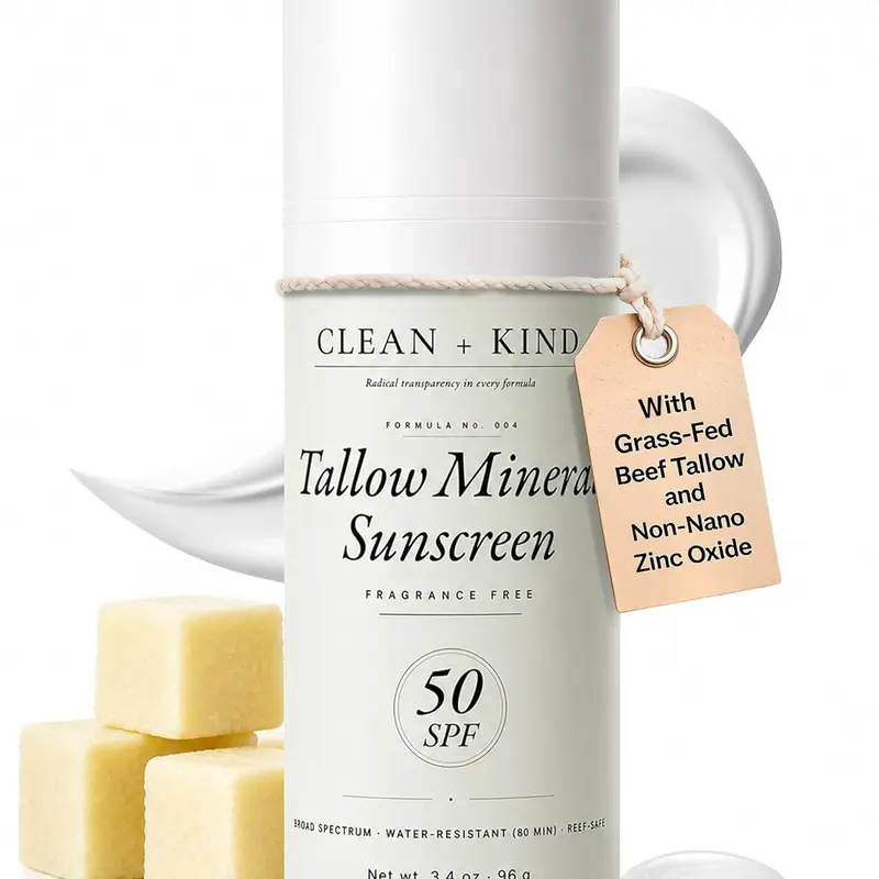 Clean + Kind Tallow Mineral Sunscreen - Lightweight Clean Sun Protection - Non-Nano Zinc Oxide & Raspberry Oil - Reef Safe Organic Daily