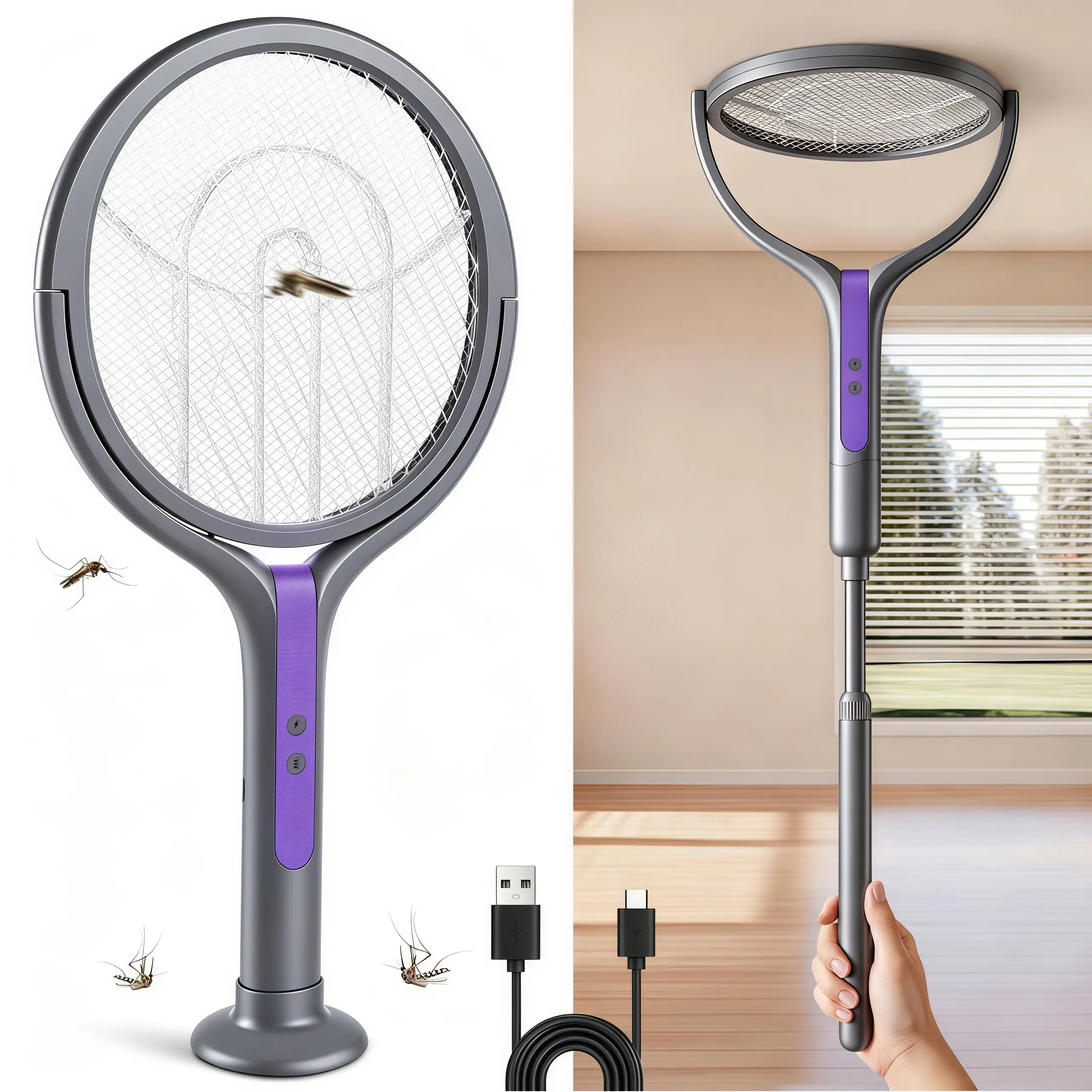 LMMAKE 1PC Rechargeable Electric Fly Swatter, Telescopic Handle, Rotating Head, 2800V Type-C Charging Indoor-Outdoor Handheld Electronic Mosquito Killer for Flies